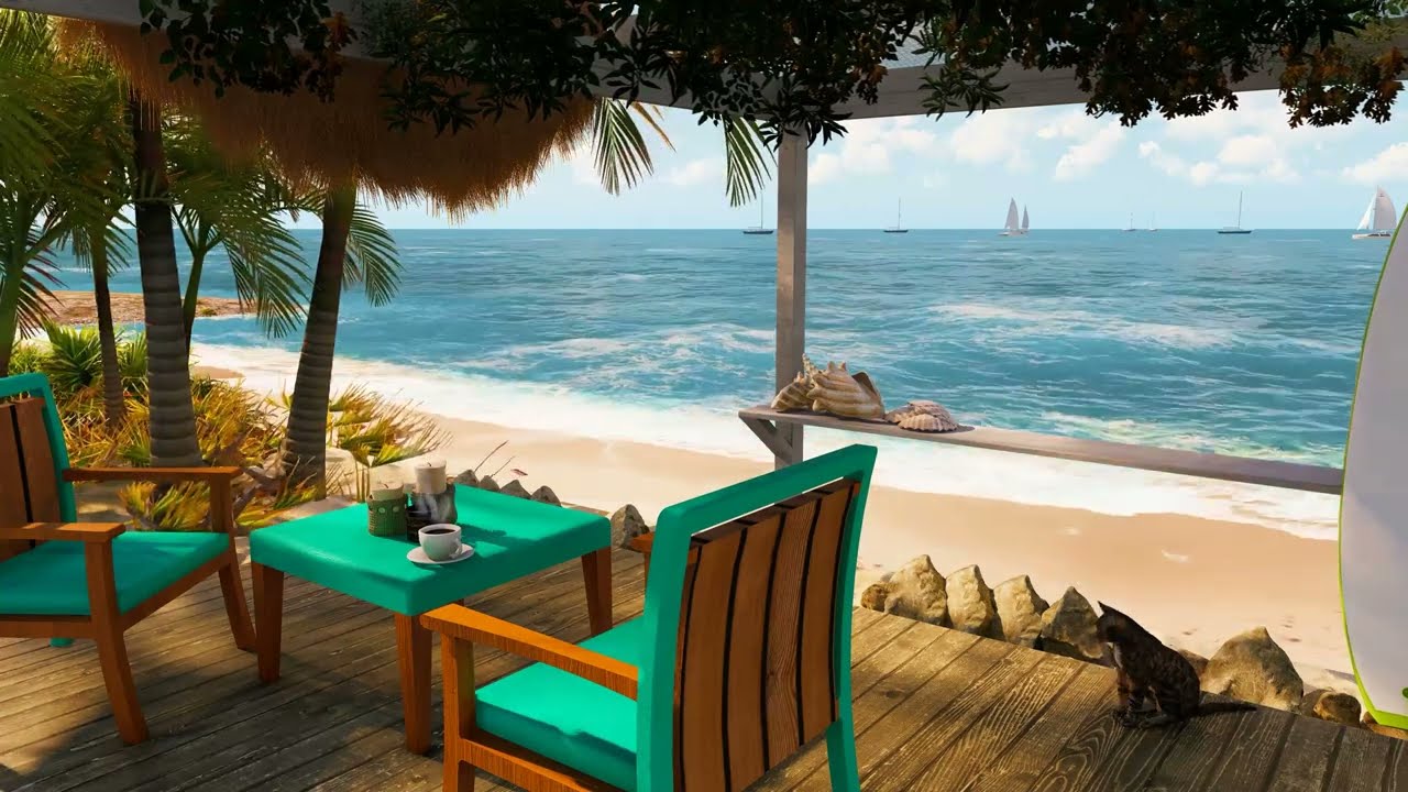 Soothing Seaside Cafe | Bossa Nova with Ocean Waves to Calm and Relax | 4K