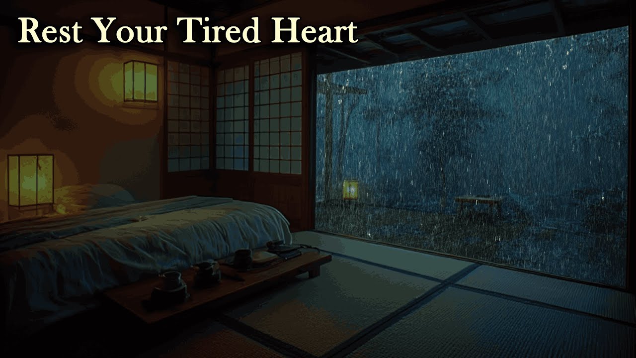Rain Sounds for Sleeping with Music | Cozy Ryokan Bedroom to Soothe Your Anxious Heart Rain & Piano