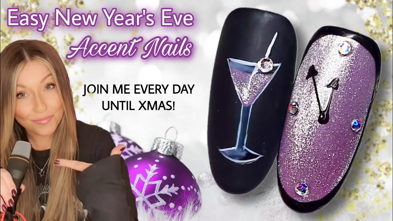 🥂 Easy New Year's Eve Nail Art Design | Clock Cocktail Champagne Glass Nails | NYE | Cat Eye Bling