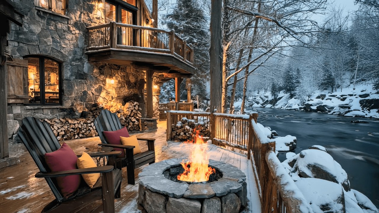Cozy Winter Cabin Porch ❄️ | Snowy Riverside, Crackling Fire Pit & Warm Evening Ambience