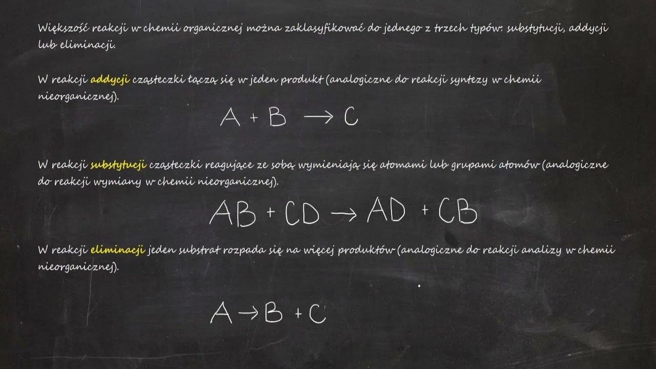Reakcje substytucji, addycji i eliminacji. [substytucja, addycja, eliminacja]. Typy reakcji