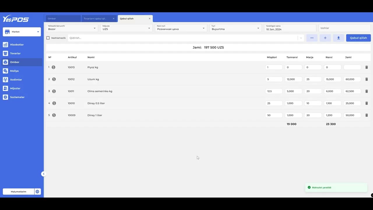 1 - Maxsulotlarni yaratish, taxrirlash / Махсулотларни яратиш, тахрирлаш ва сотувга чикариш