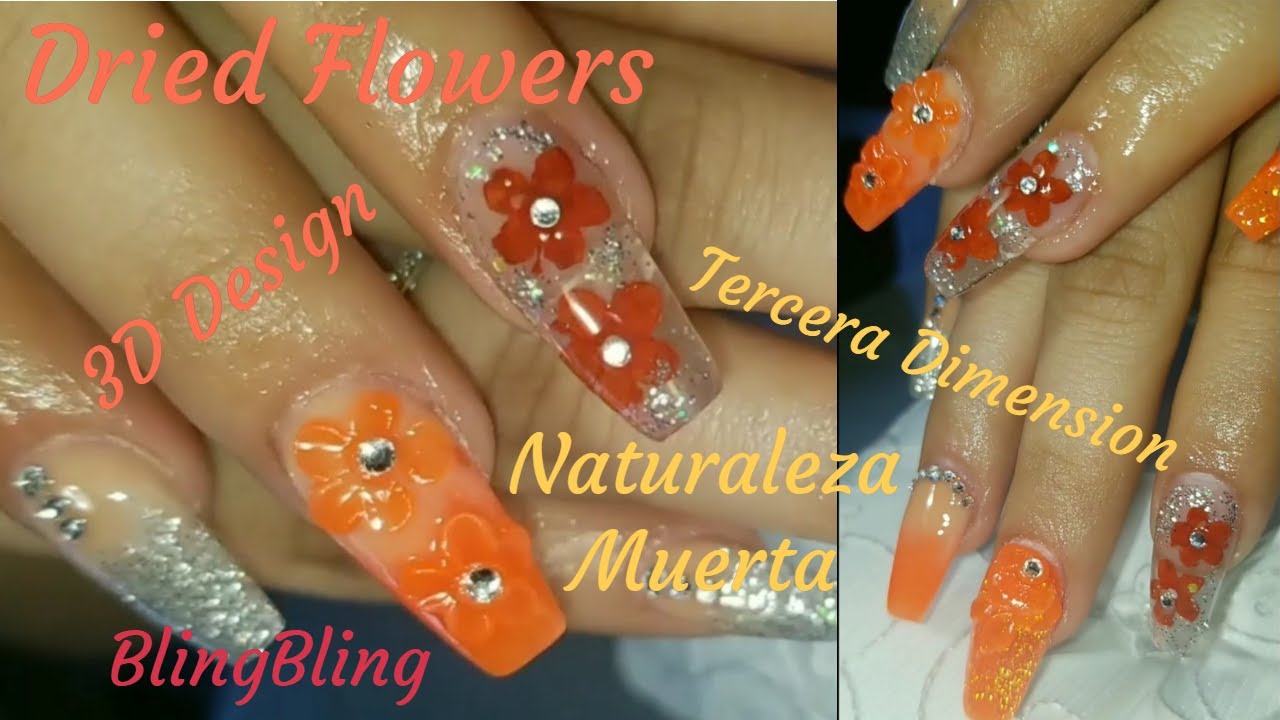 Orange,Silver Glitter Ombre Nails with Real Flowers,3D designs and Bling Bling