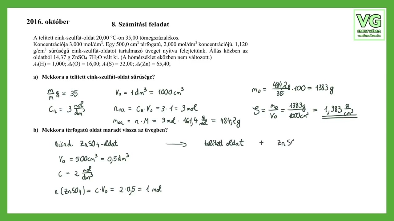 Telített cink-szulfát-oldat (Emelt kémia érettségi: 2016. október 8. feladat)