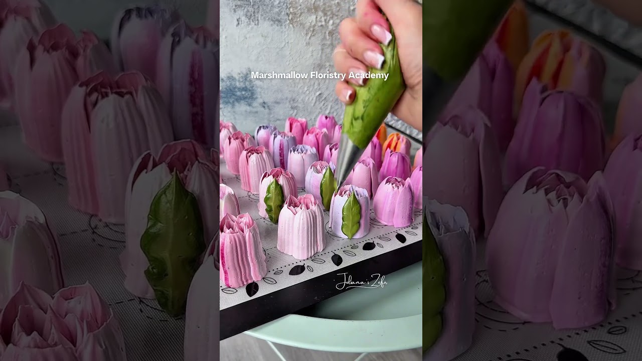 Marshmallow tulip green leaves piping technique #asmrvideo