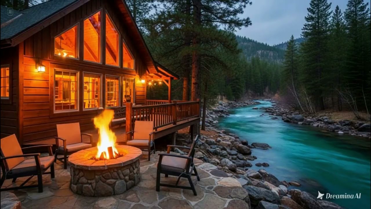 Peaceful Morning Riverside Cabin Porch Ambience 🌲🔥 Cozy Fire Pit, Calm Water Sounds & Birdsong