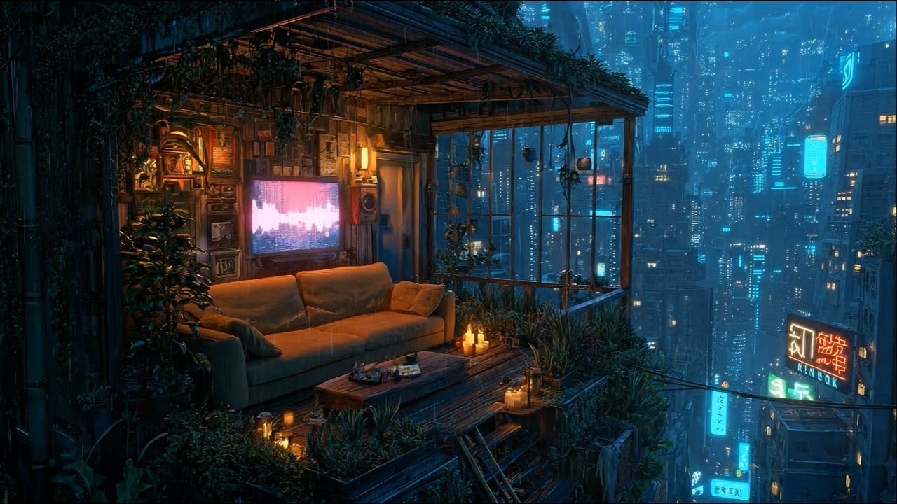 Lofi Henry – Rainy Cyberpunk Greenhouse Overlooking the City | Sleep and Study Beats | 4K