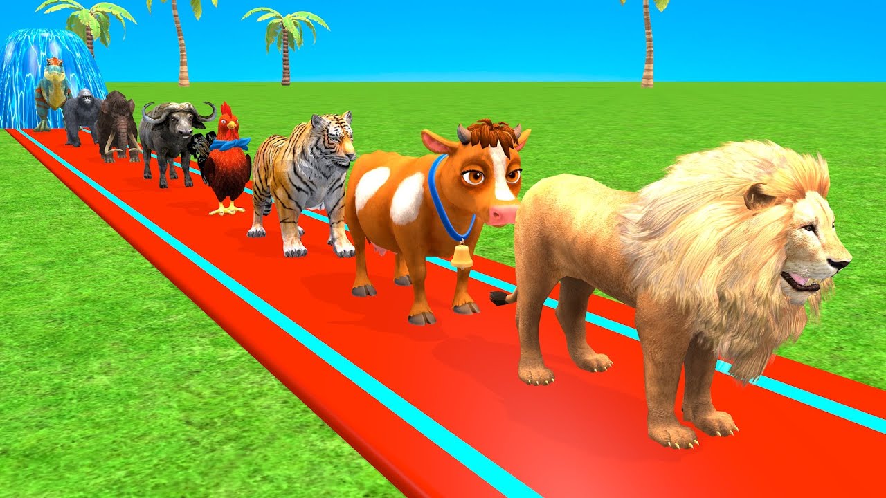 Fun Long Slide Game With Cow Elephant Gorilla Hippopotamus Tiger - 3d Animal Game - Funny 3d Animals