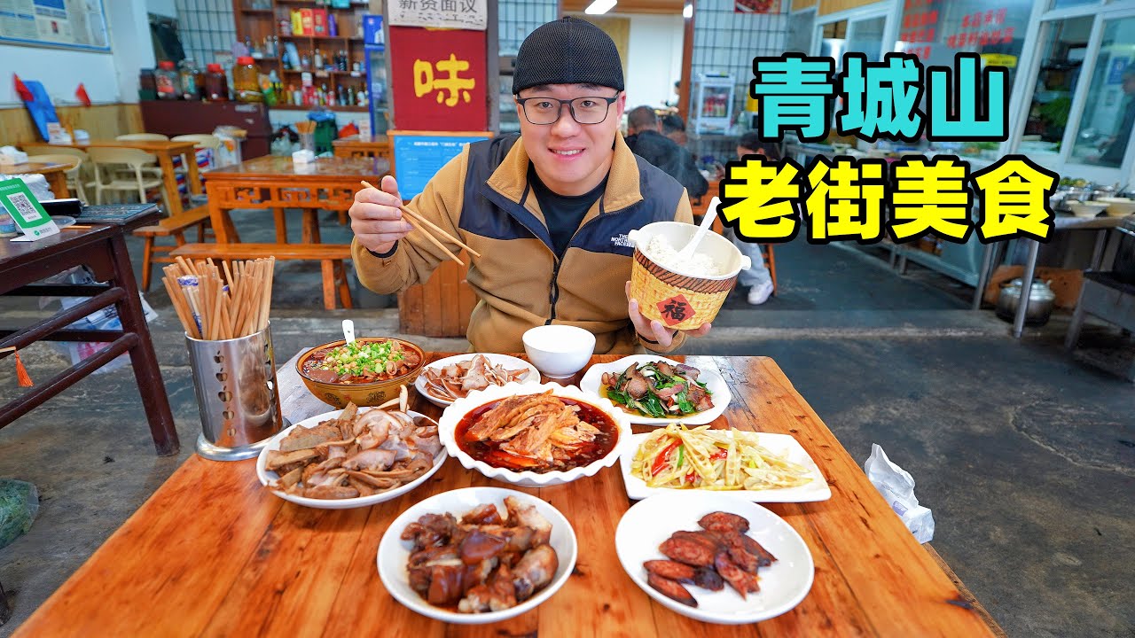 四川成都青城山美食，卤味钵钵鸡，抄手牛杂面，阿星喝醪糟粉子Traditional food in Qingcheng Mountain Old Street, Chengdu