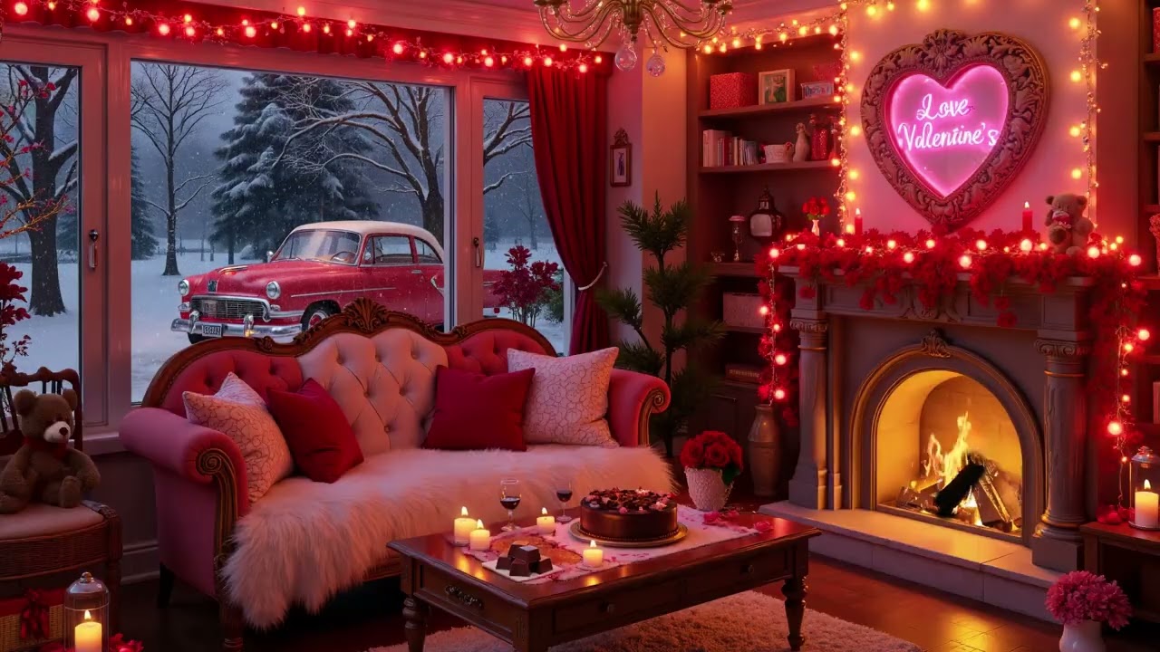 Valentine's Day is approaching in this cozy wooden house ✨ Cozy Fireplace, Soft Jazz Ambience