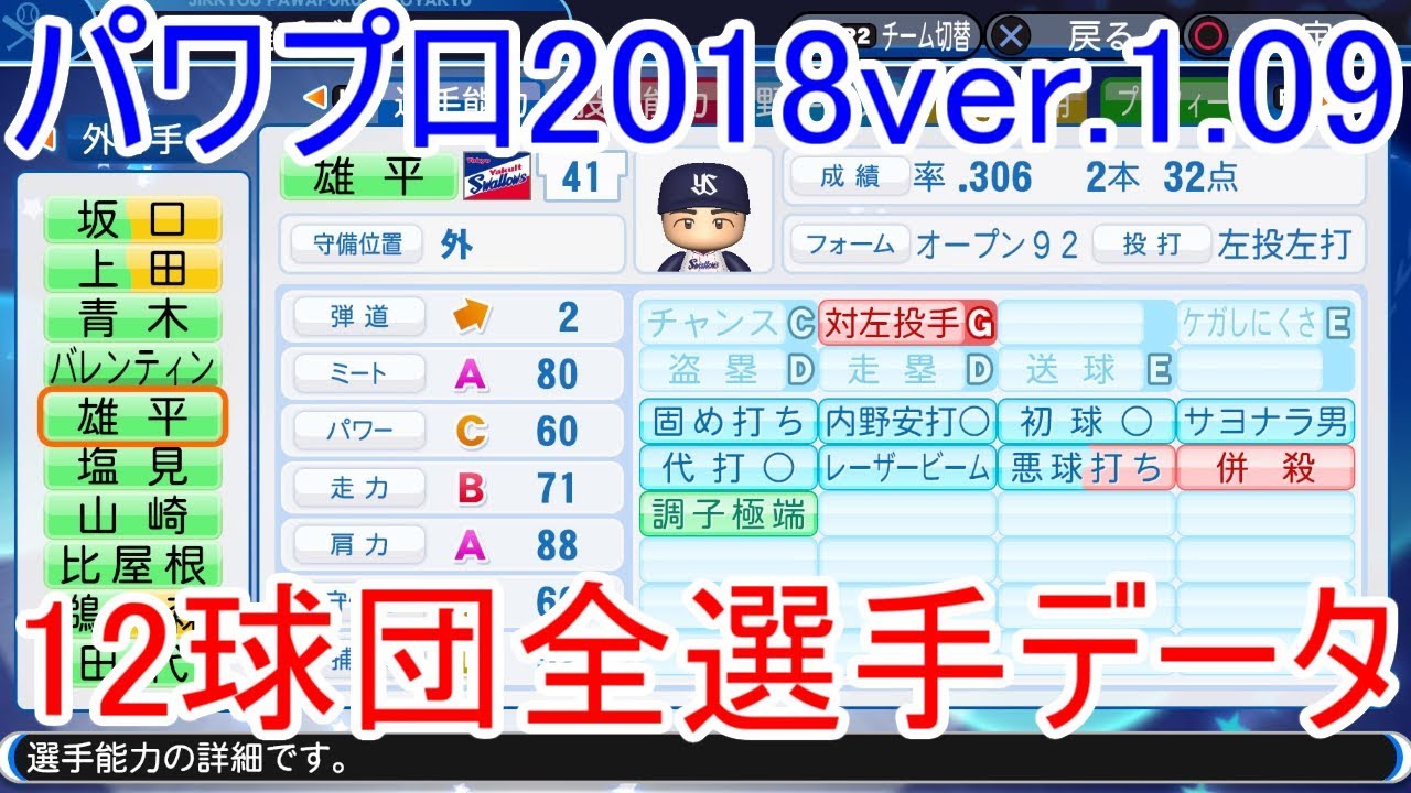 【パワプロ2018】12球団全選手能力データver.1.09（11/1アップデート）【実況パワフルプロ野球2018】