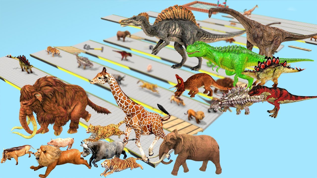 Animal vs. Dinosaurs Speed Race Run Zigzag Down Course! from Outside Animal Revolt Battle Simulator