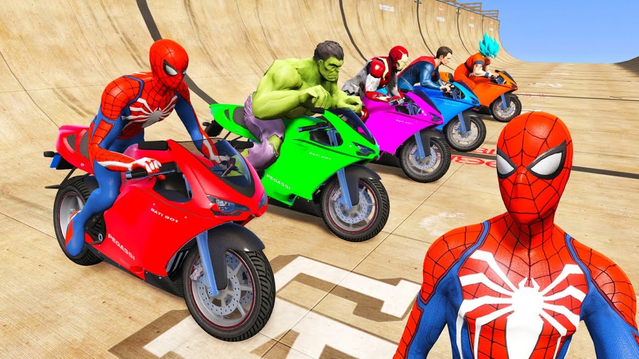 GTA 5 Superheroes Crazy Mega Ramp Challenge with Super Cars | Spider-Man Car Stunt Race #24