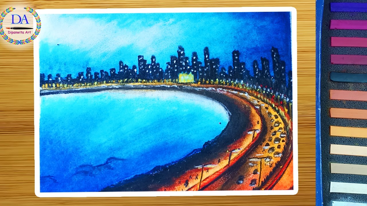 Marine Drive Drawing | Mumbai famous Landscape | Soft Pastel Color Step by Step for beginners