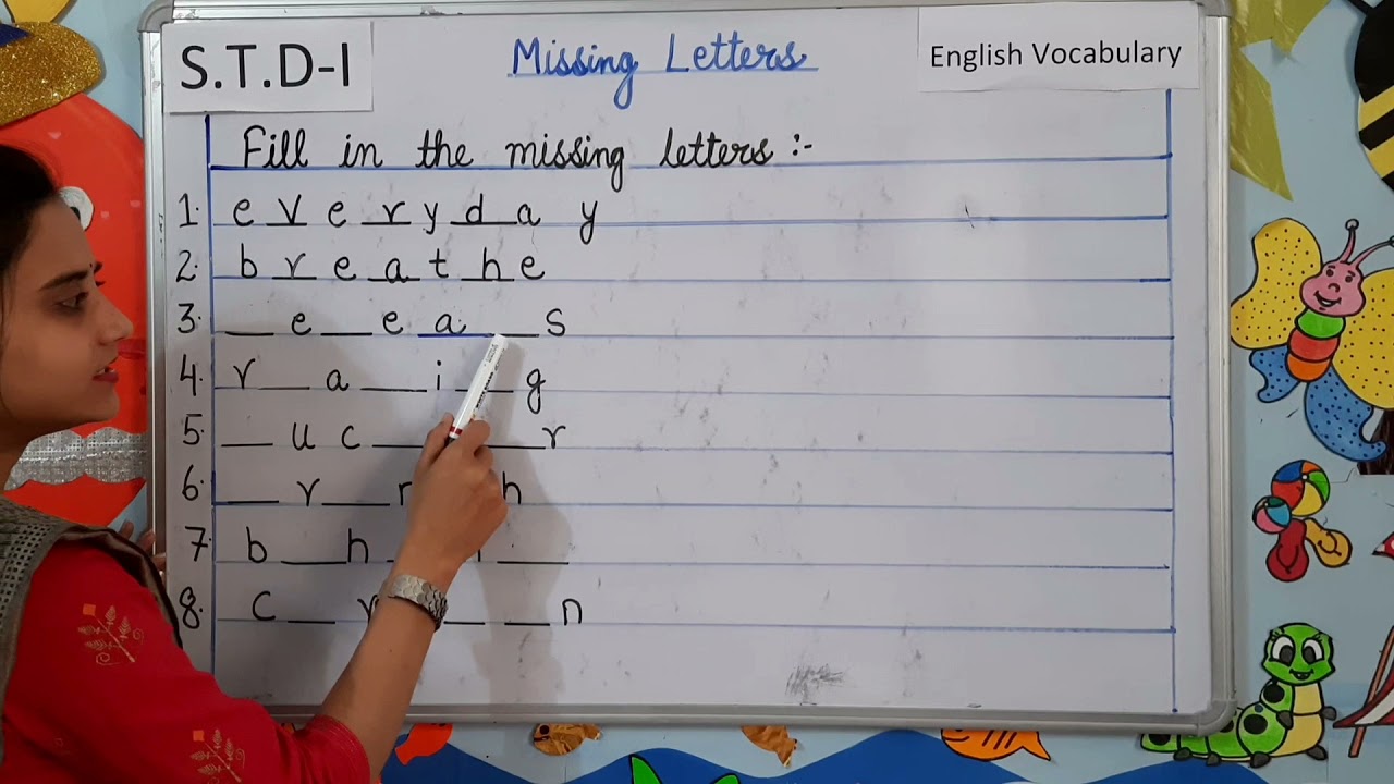 Class 1 English Vocabulary, missing letters