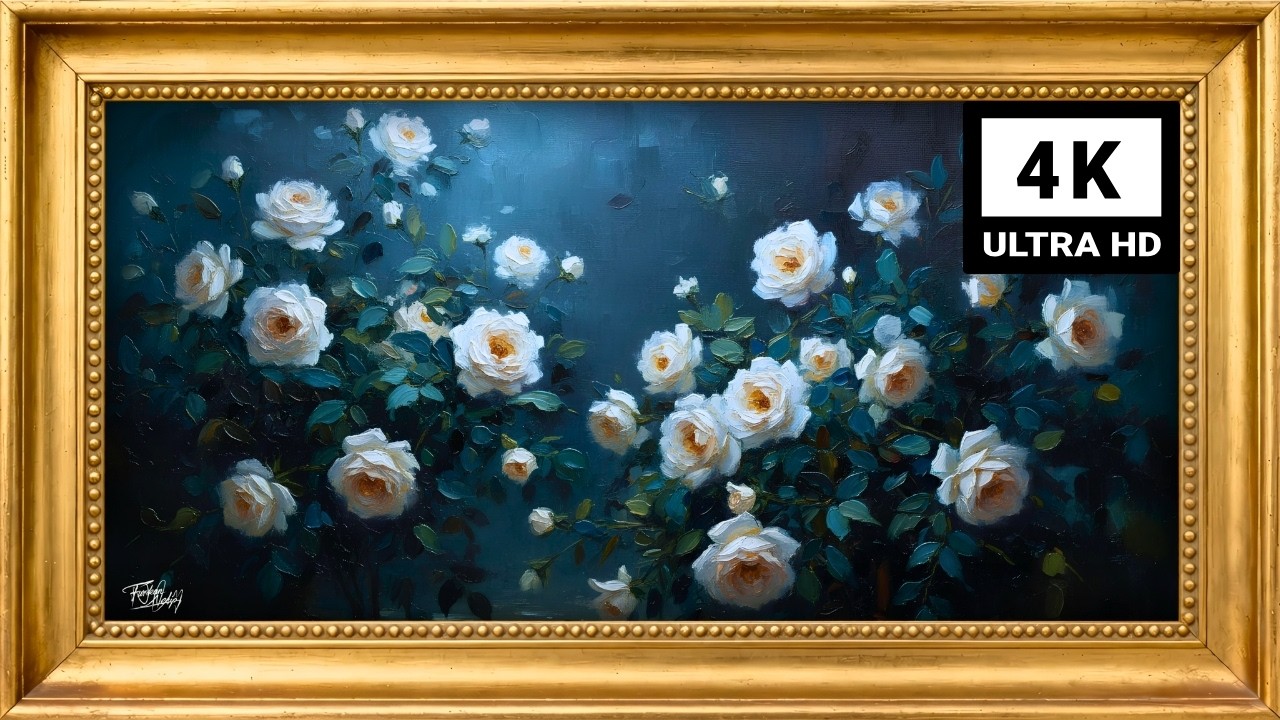 4K Dark Moody White Roses 🌸 Silent Frame TV Art | Vintage Oil Painting #flowers #tvframeart #4kart