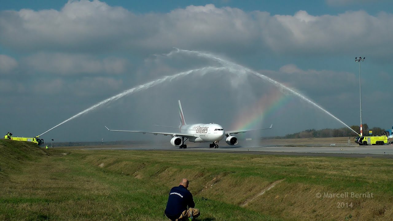 Emirates Airbus A330 Inaugural Flight to Budapest - Water Cannon Salute with Rainbow