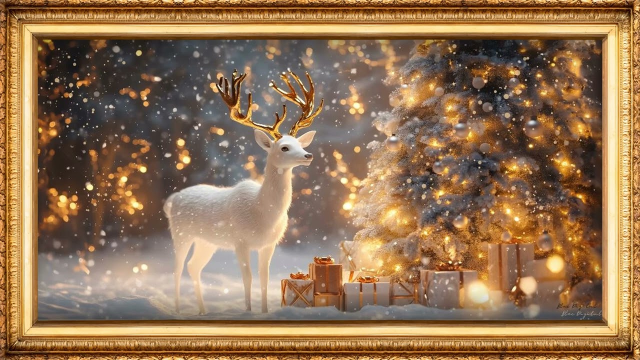 Framed Christmas TV Art | Elegant Reindeer & Golden Tree | 4K Winter Holiday Display