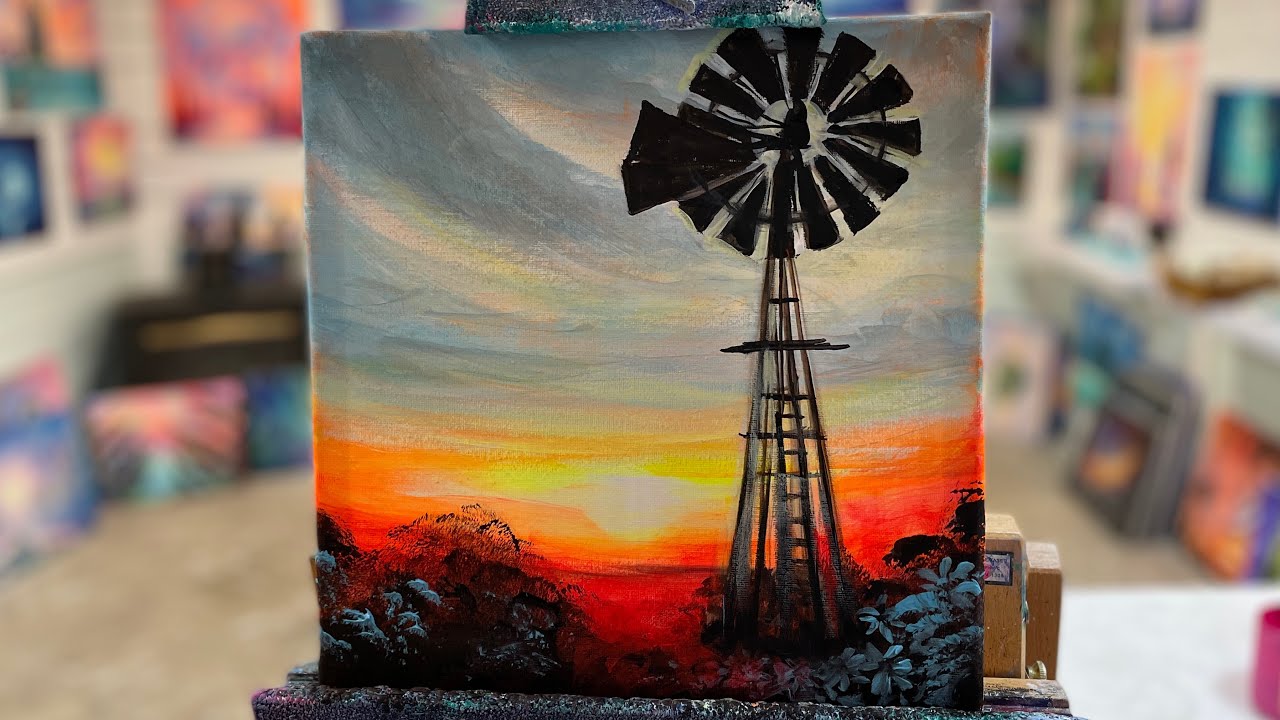 How To Paint An Old Windmill & Sunset/ Silhouette Painting Tutorial/ STEP BY STEP 🎨 ACRYLIC