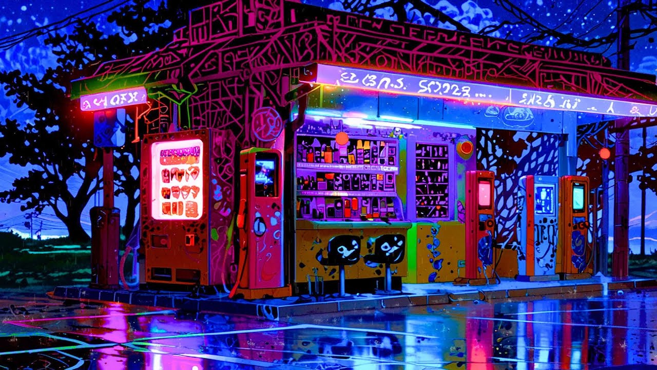 Rainy Night Retro Gas Station 🌧️🌃 Cozy Lofi Beats to Relax
