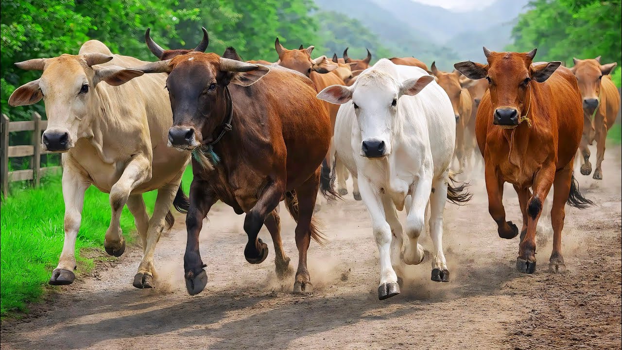 Puluhan sapi lembu jinak di desa berlari sangat lincah ketika menuruni jalur perbukitan, ternak sapi