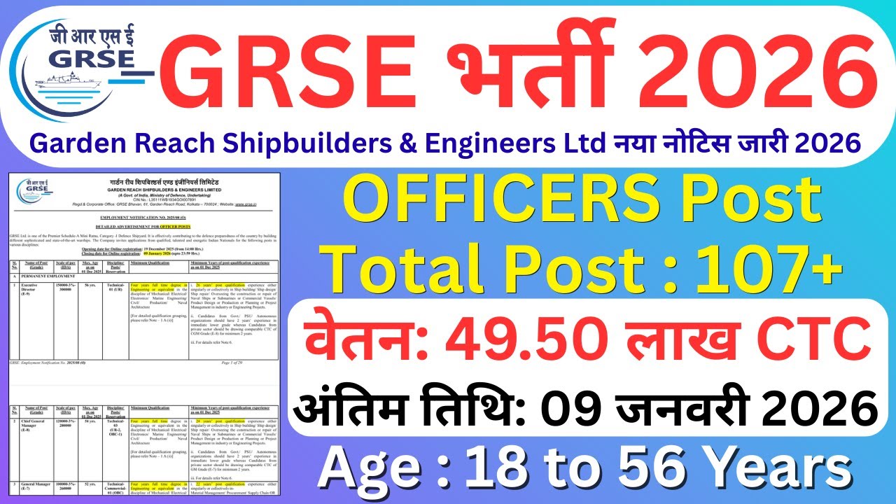 GRSE Recruitment 2026 - Apply Online for 107 Assistant Manager, Junior Manager and Other Posts