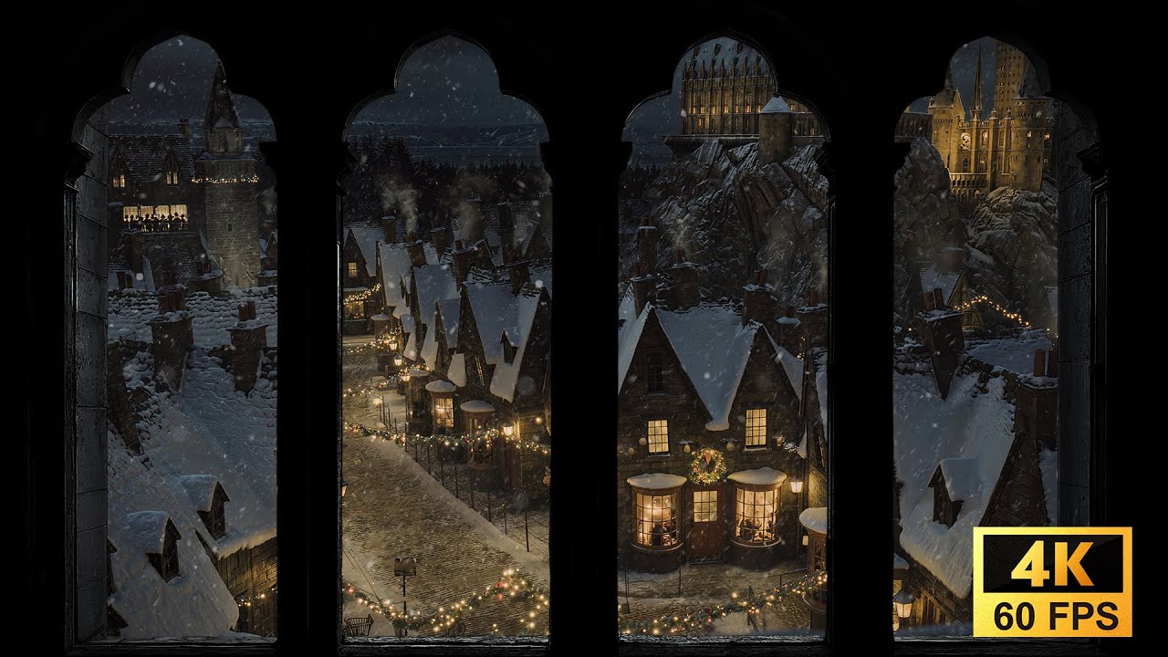 4K Hogwarts Winter Christmas Window View | Fireplace Ambience for Study, Reading and Deep Sleep