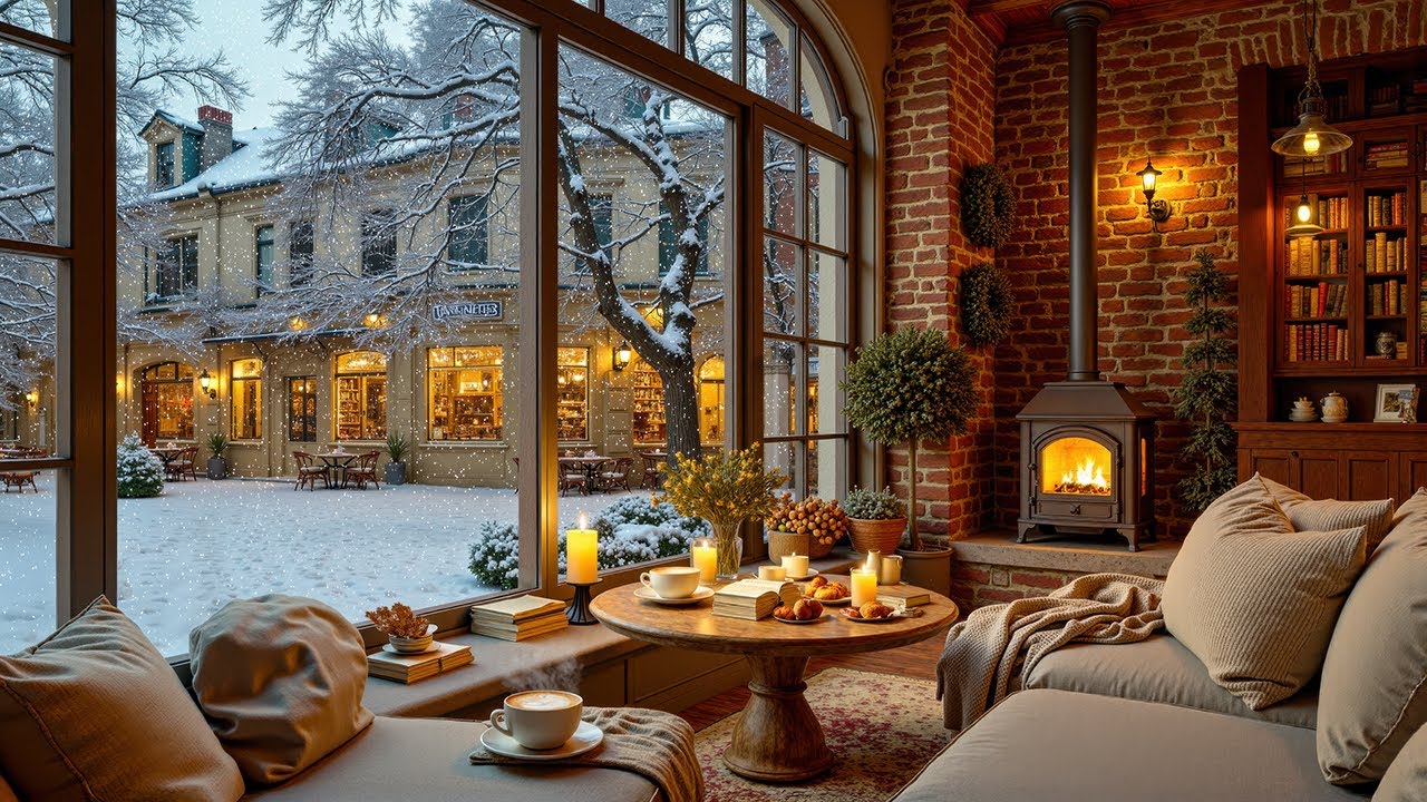 Quiet Winter Jazz Inside a Café Window ☕ Snowy Street & Soft Fireplace Glow for Relax & Focus