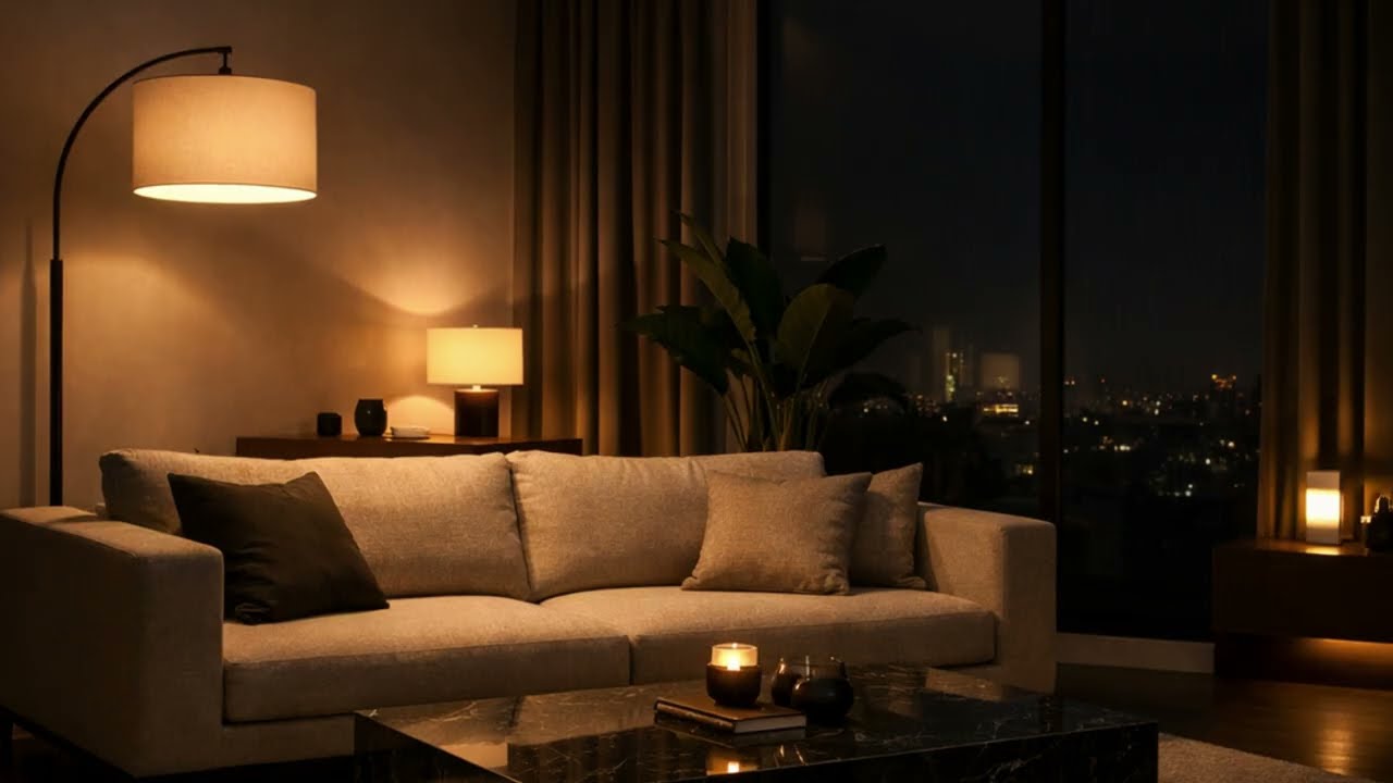 Minimalist Living Room at Night 🌙 | Calm Ambient Rain & Textured Silence