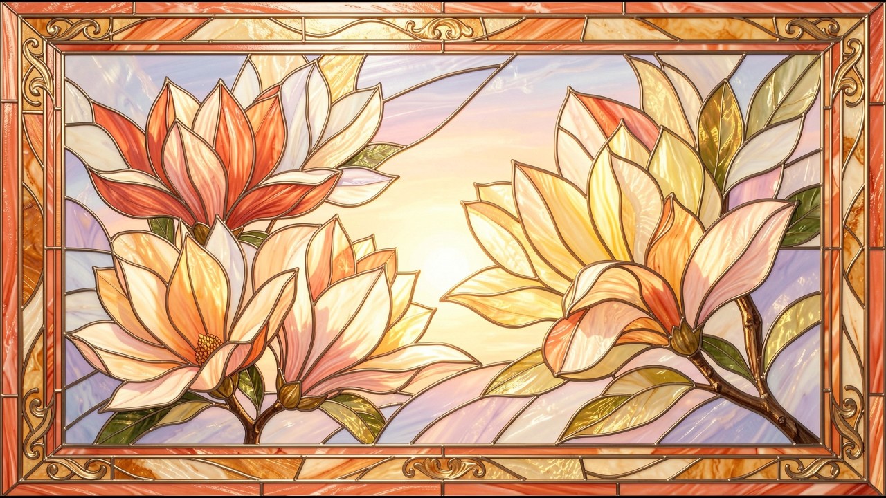 Coral glow stained glass magnolia blossoms frame tv art 4k with music | tv screensaver