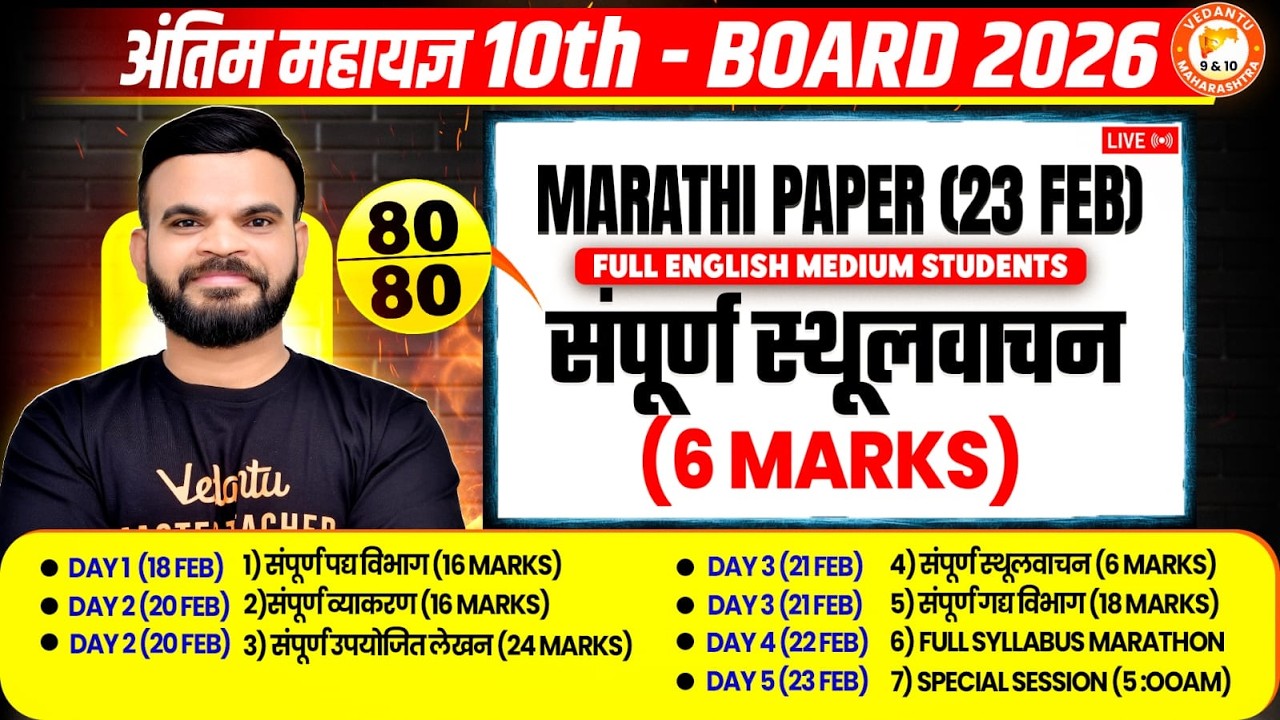 सम्पूर्ण स्थूलवाचन Marathi Paper Class 10th 23 Feb | Marathi Grammar Full English 10th MH Board 2026