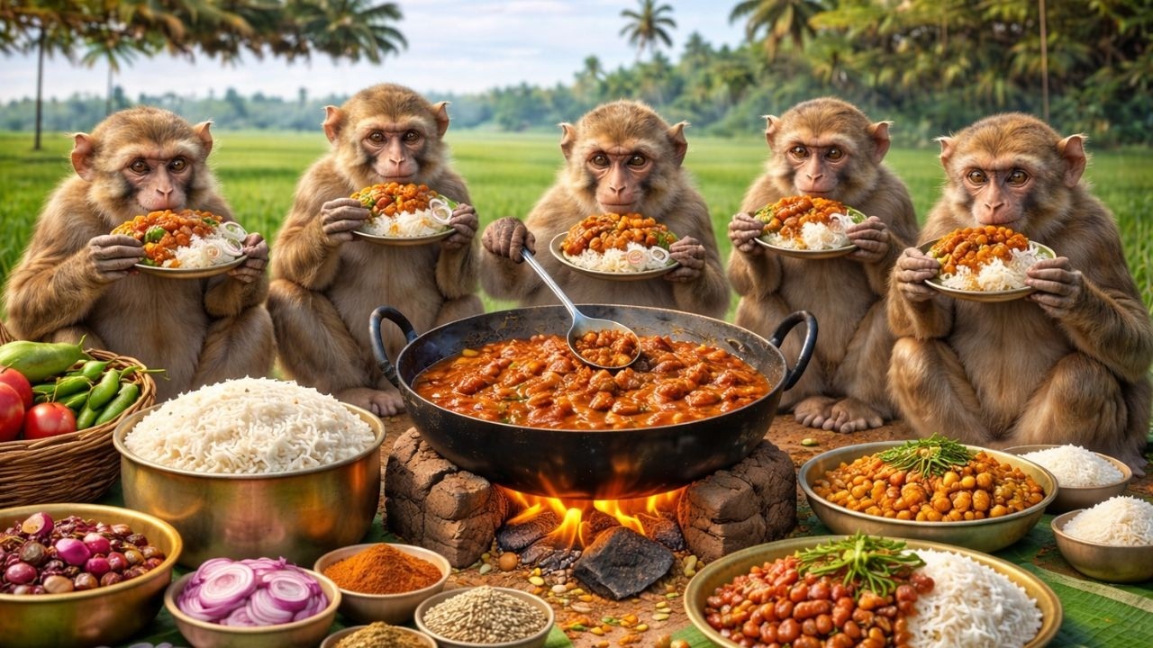 बंदरों ने देसी अंदाज़ में बनाया राजमा चावल 🔥  Monkeys Made Rajma Chawal in Desi Style
