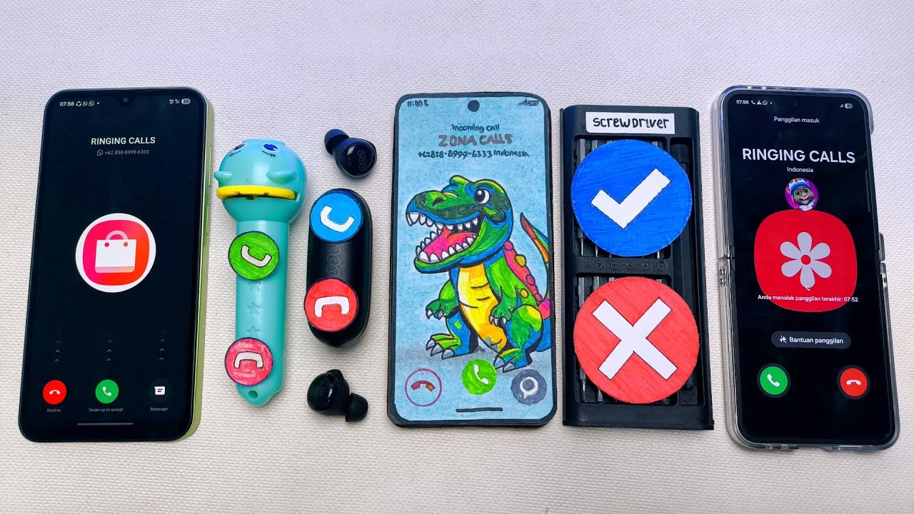 Galaxy a16 vs Flashlight vs Earbud vs Redmi Dino vs Screwdriver tool vs Galaxy flip6 incoming call