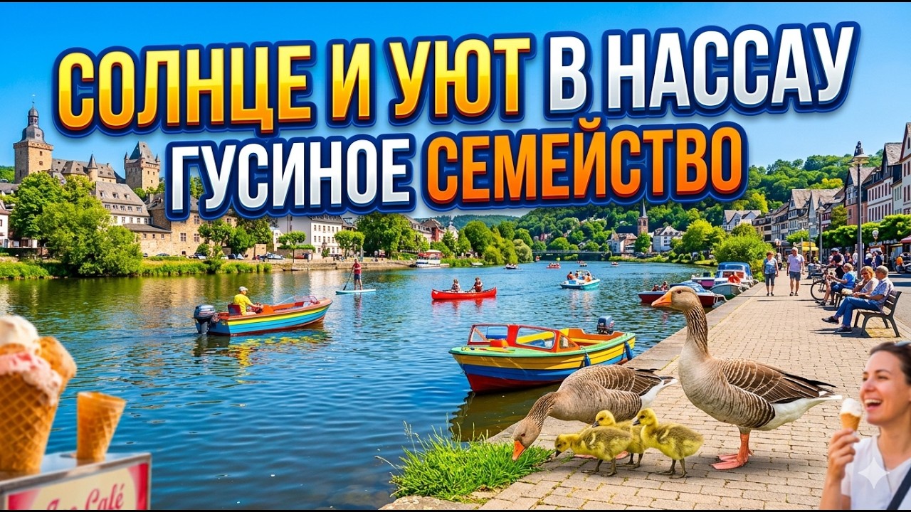 🩷 Идиллия на реке Лан! Гусиное семейство, катера и весеннее солнце в Нассау 🦢☀️