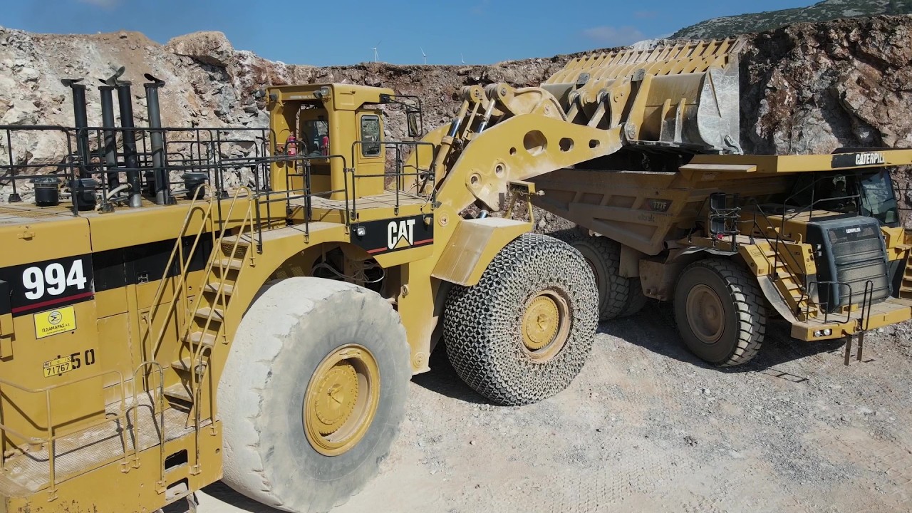 Drone View of Power: Cat 994 Wheel Loader & 345B Excavator Working On Quarry - Samaras Mining Works