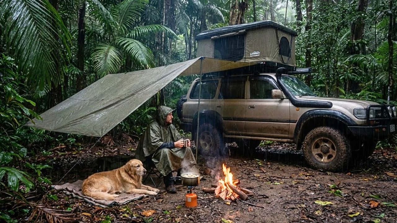 Solo Overnight in Tropical Rainstorm | Off-Road Adventure | Hot Coffee, Pelmeni & Camping with Dog