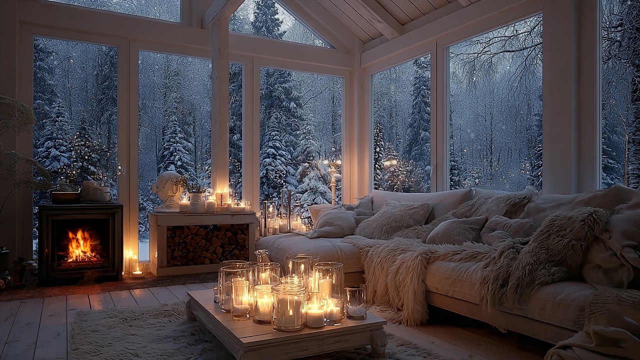 Peaceful Snowy Night | Luxury Cabin Ambience with Warm Fireplace for Sleep & Stress Relief