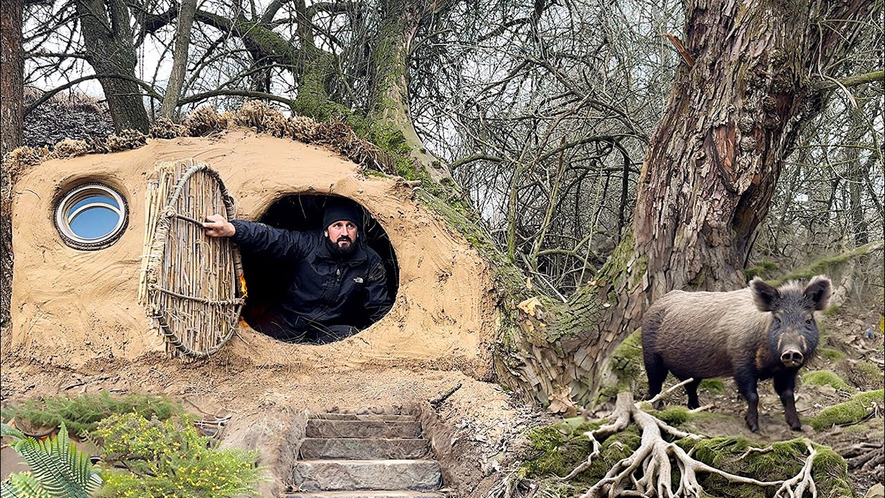 Building a Clay Shelter Under a Tree to Survive Among Wild Boars