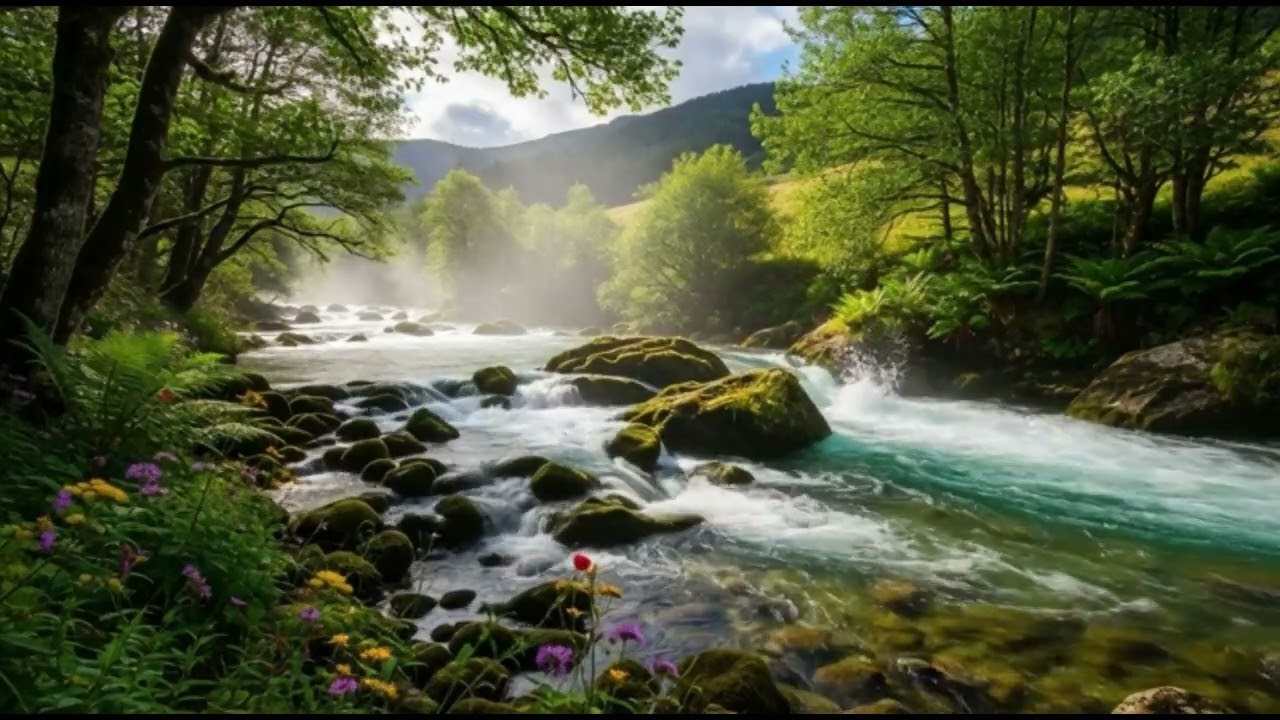 The scenery is beautiful, with water flowing down from the mountains and beautiful music playing