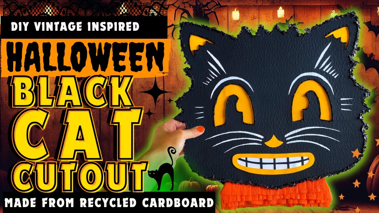 Vintage Halloween Kitschy Black Cat Diy Wall Hanging - How To w/Free Digital Download #vintagecatdiy