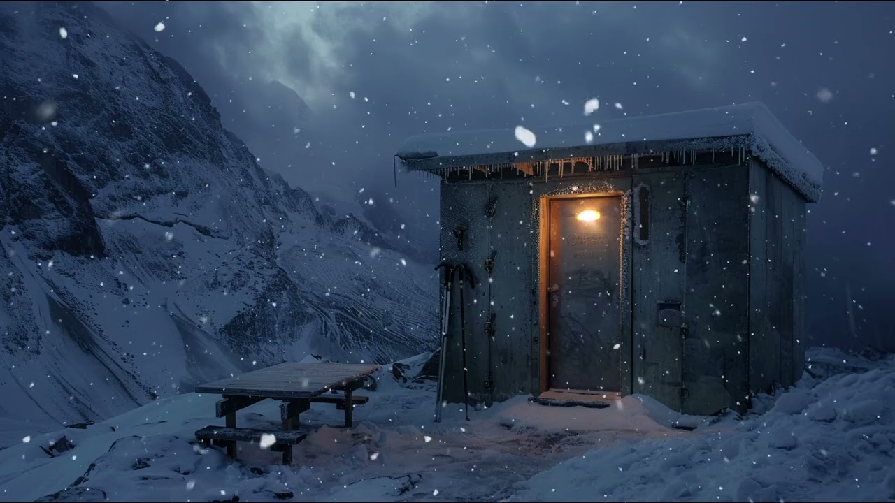 Shelter While Heavy Snow Falls  Quiet Mountain Refuge at Night