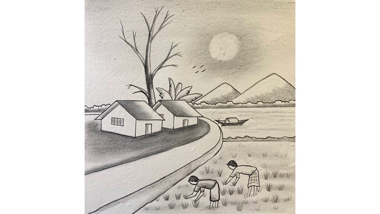How to draw a simple landscape scenery step by step | village life art easy
