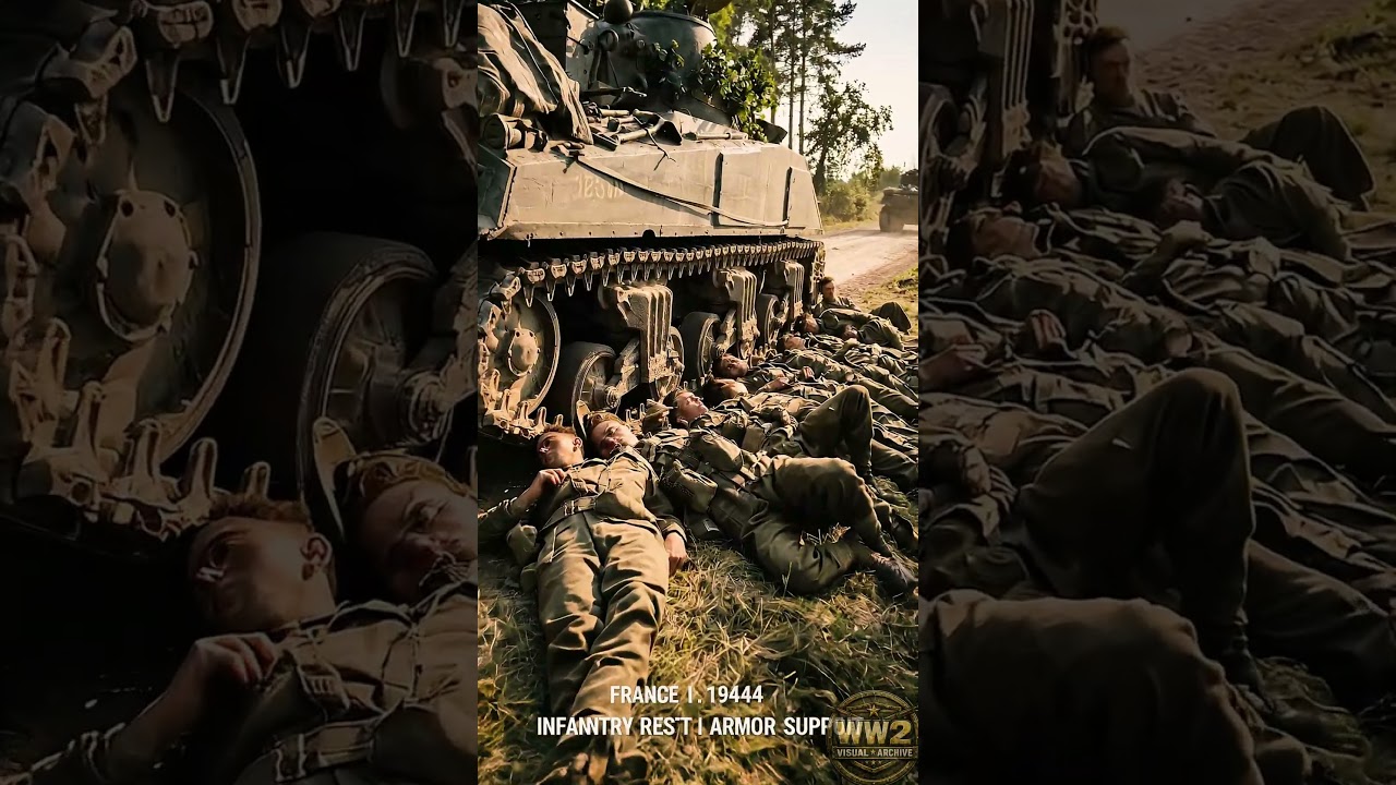 A Quiet Pause in France, 1944 &mdash; British Troops Rest Next to a Sherman Tank