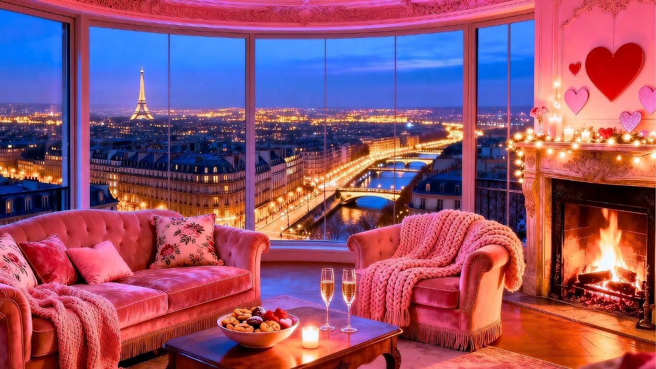 💘 Pink Valentine's Night in Paris 💕 Cozy Fireplace Ambience & Romantic Lofi Music | 4K