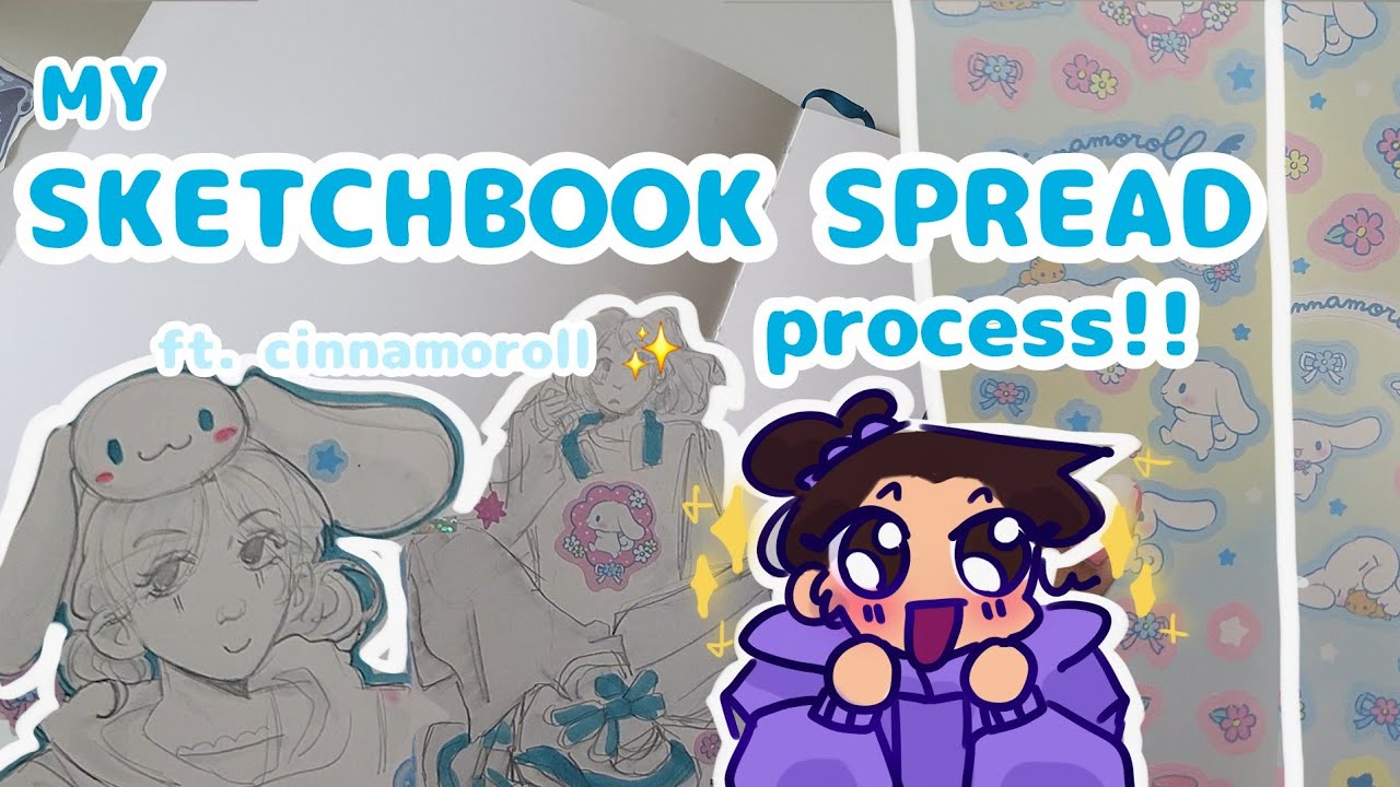 MY SKETCHBOOK SPREAD PROCESS!! (ft. cinnamoroll stickers ✨️) #sketchbook #art #artist #tutorial