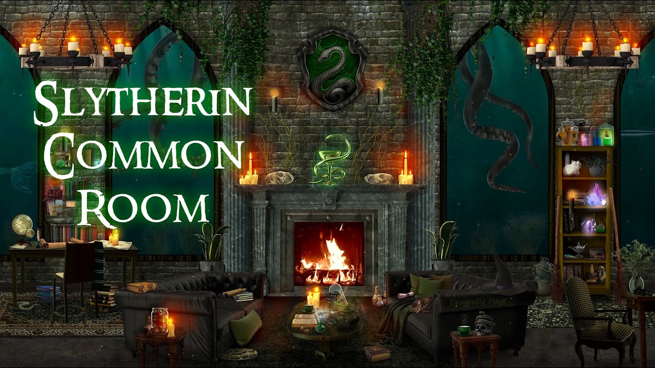 Slytherin Common Room 🐍 ASMR cozy Harry Potter ambience 🔮 (crackling fire, underwater sounds) 📚