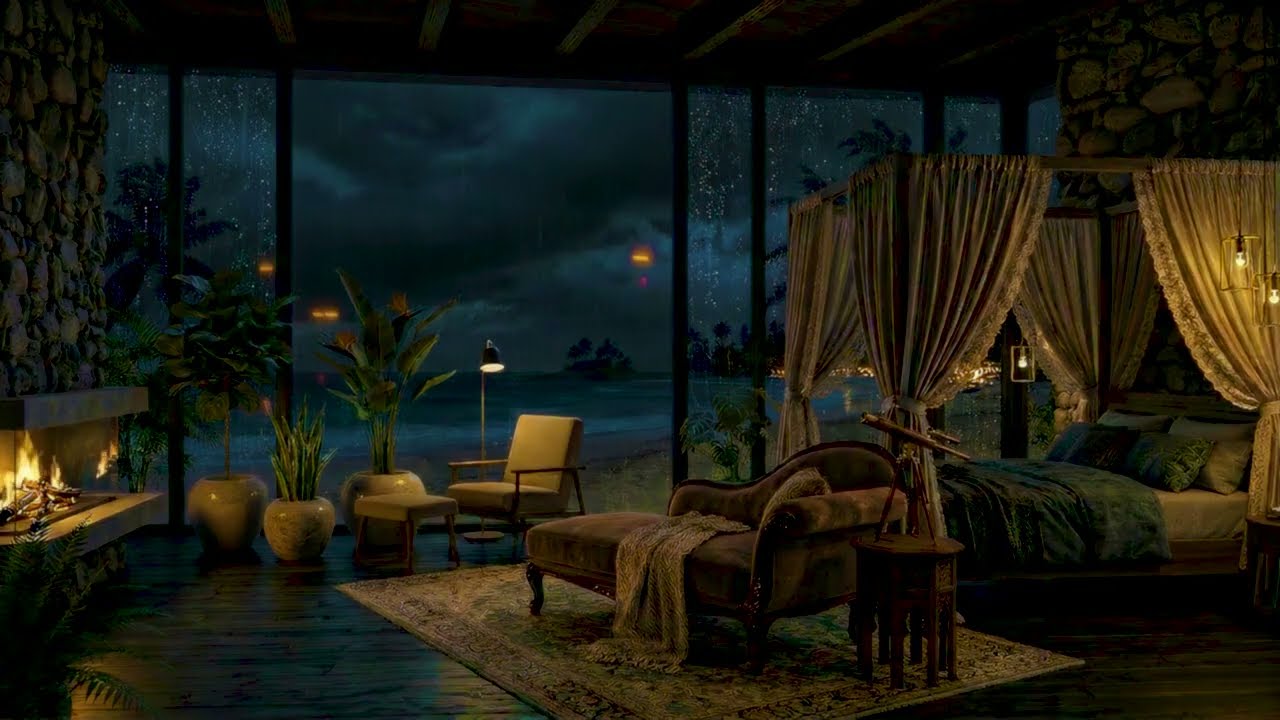 Fall Asleep in 10 Minutes 🌧️ Heavy Rain & Crackling Fireplace in a Cozy Beach House