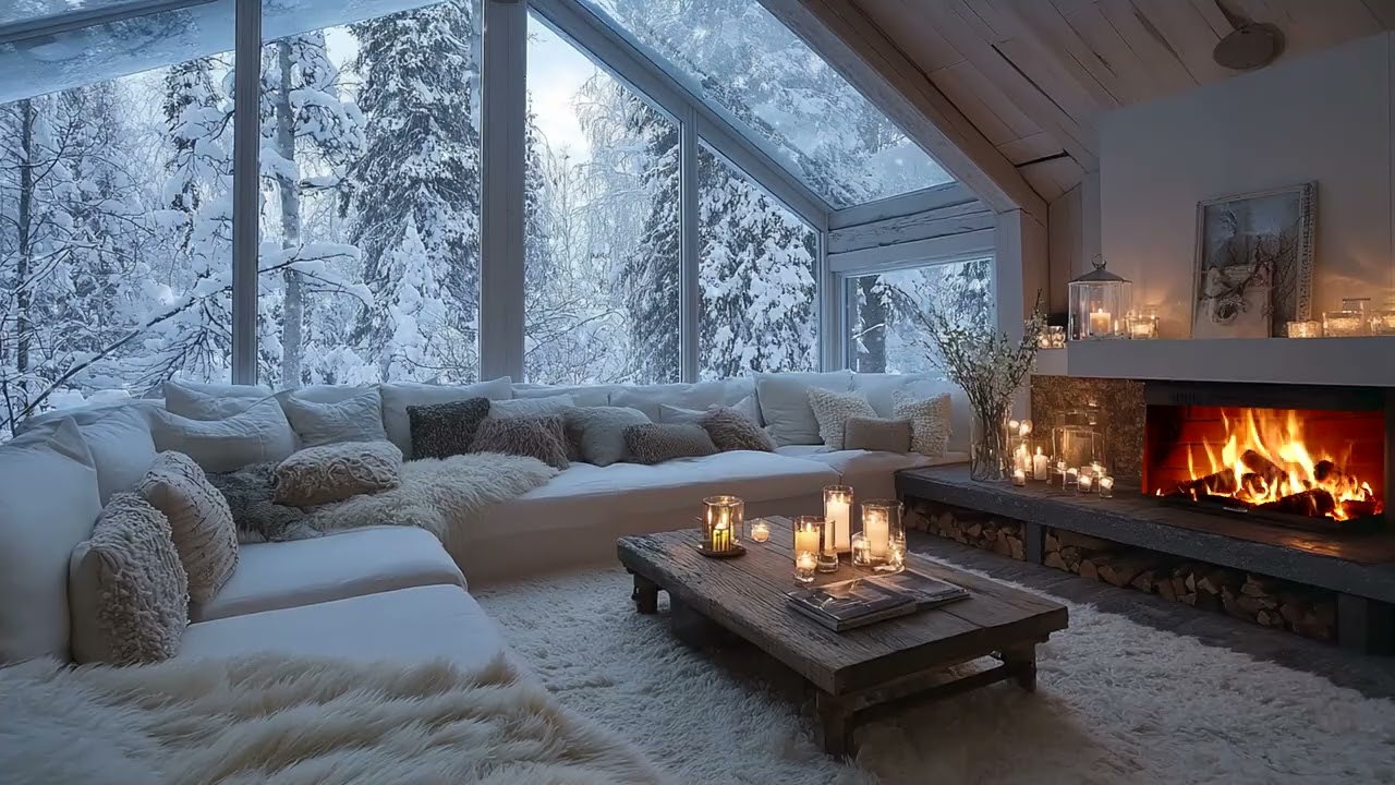 🕯️🎼 Winter White Lounge Piano with Warm Fire and Gentle Flowers for 3 Hours of Healing Calm