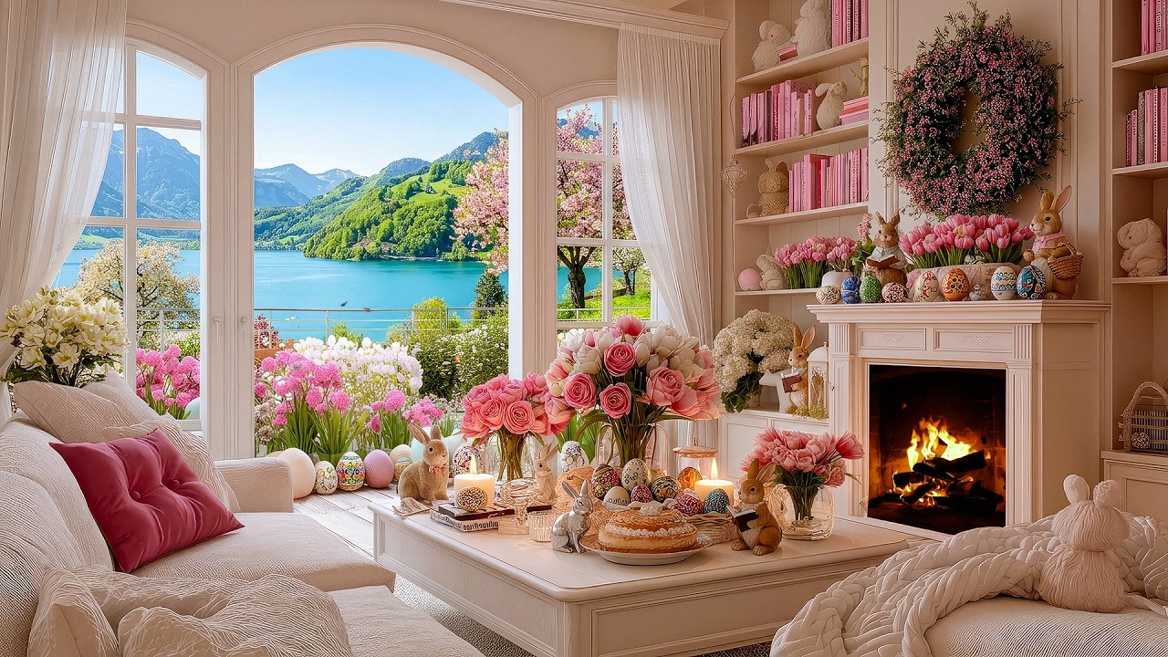 🐰 Cozy Easter Ambience with Relaxing Piano Music 🌿Spring Atmosphere & Fireplace Sound  for Healing