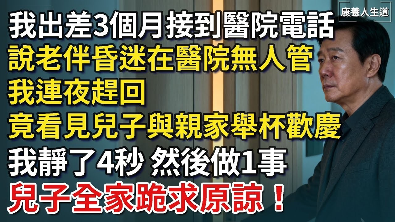 我出差3個月接到醫院電話，說老伴昏迷在醫院無人管，我連夜趕回，竟看見兒子與親家舉杯歡慶，我靜了4秒，然後做1事，兒子全家跪求原諒！​【康養人生道】 #康養人生道 #上了年紀該明白的事 #養老